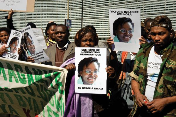Demonstrators from Rwanda protest in front of the building of the European Council in Brussels Belgium on 2010 04 23