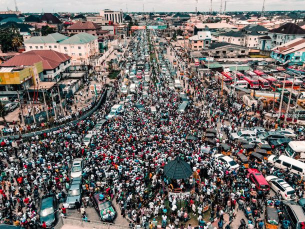 An aerial view of an October 2022 rally by Peter Obi's Labour Party in Lagos, Nigeria.